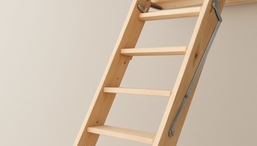 Eco-friendly wooden loft ladder against a plain wall