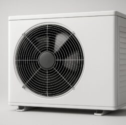 Close-up of a heat pump unit with a visible fan and casing.