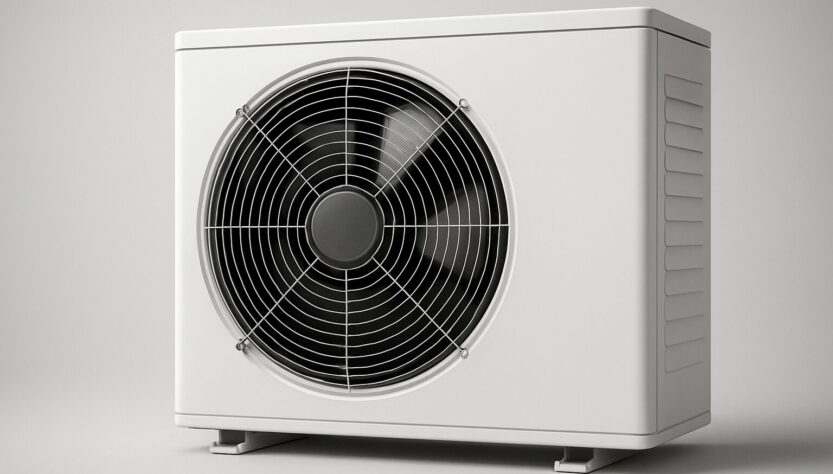 Close-up of a heat pump unit with a visible fan and casing.