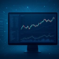 A trading monitor displaying stock market graphs and data against a tech-inspired background.