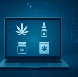 A laptop displaying illustrations of cannabis products on a digital interface.