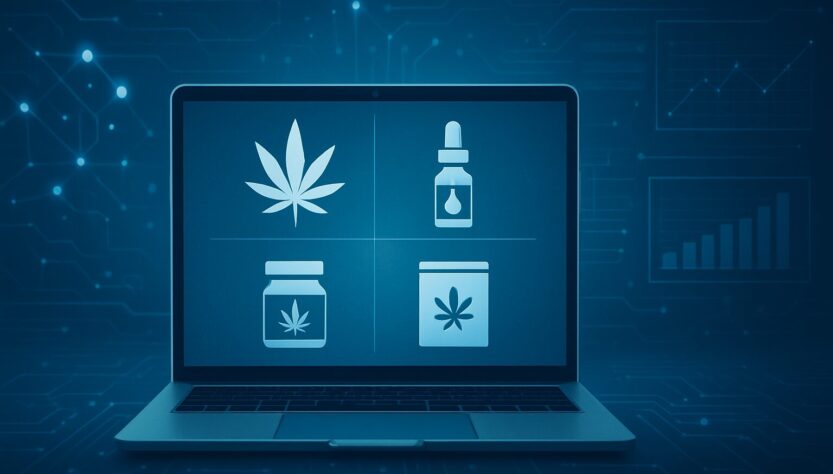 A laptop displaying illustrations of cannabis products on a digital interface.